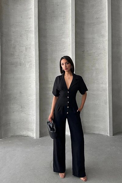 bacc Women's Black Half Sleeve Waist Corset Look Loose Cut Woven Jumpsuit Bchn- 25255059