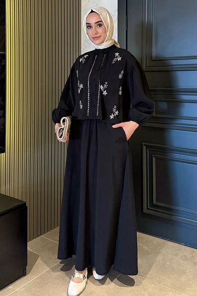 julude Μαύρη Χάντρες Κεντημένη Πουκάμισο Φούστα Hijab Διπλό Σετ