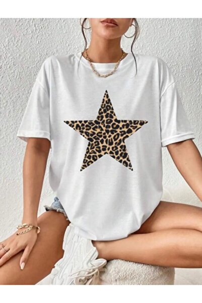 Framgan Trend Kadın Leopar Yıldız Baskılı Oversize T-shirt
