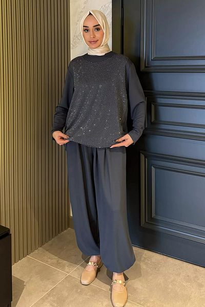 julude Καπνιστή πέτρα κεντημένη Crew Neck Tunic Παντελόνι Hijab Διπλό Σετ