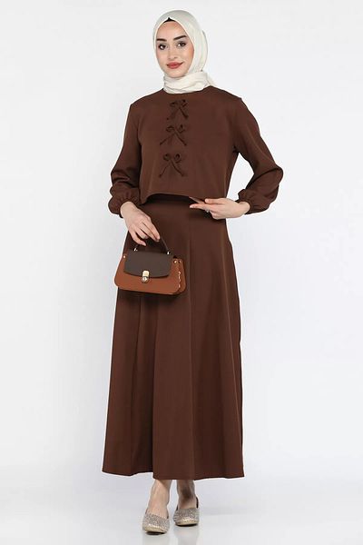 julude Καφέ Φιόγκος Μπλούζα Φούστα Hijab Διπλό Σετ