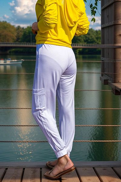 bacc Women's White Soft Textured Sweatpants with Elastic Legs and Waist and Side Pockets B