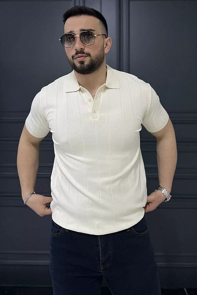 MİSHAR İTALİA Ανδρικό πλεκτό μπλουζάκι Cream Polo Neck Half Button