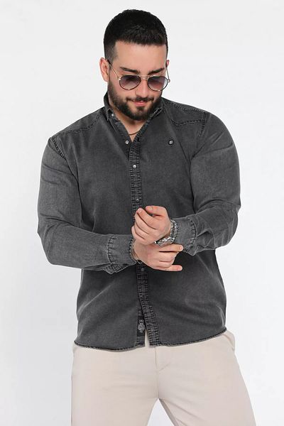 MİSHAR İTALİA Мъжка риза с дълъг ръкав и копчета в черно-антрацитно сиво