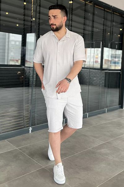 MİSHAR İTALİA Gray Men's Apache Collar Shirt Shorts Double Set