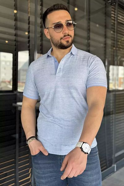 MİSHAR İTALİA Ανδρικό μπλουζάκι με μπλε γιακά πόλο με μοτίβο Lycra