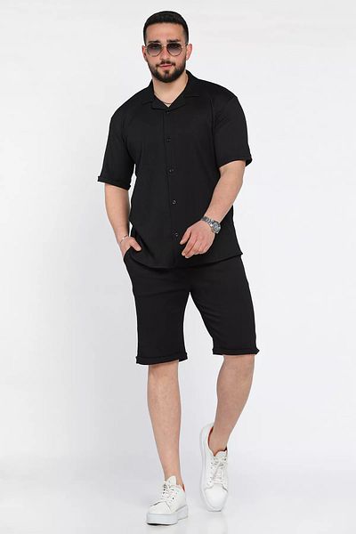 MİSHAR İTALİA Black Men's Ash Collar Shirt Shorts Double Set