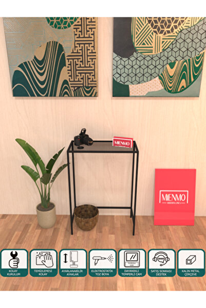 Mienmo Esta Metal Dresuar Dekoratif Kahve Köşesi Konsol Siyah Füme Camlı 60 Cm