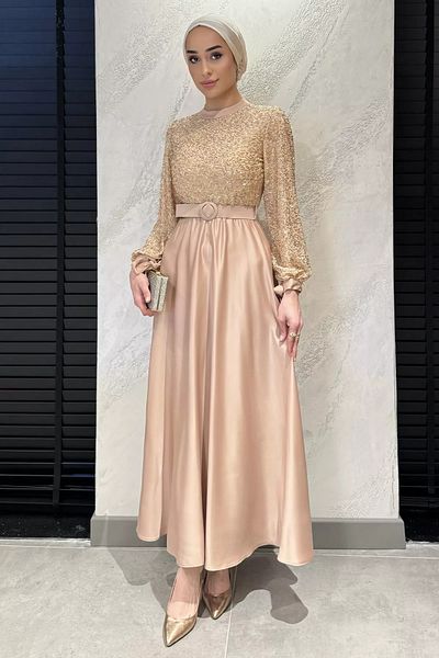 julude Βραδινό φόρεμα με κεντημένη πέτρα με ζώνη Hijab Satin