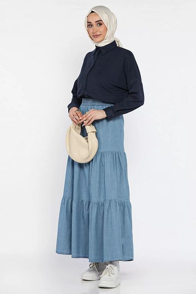 julude Fusta de denim hijab plisată cu talie elastică pentru femei albastră