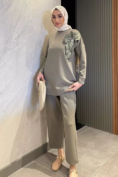 julude Khaki Collar Flower Detailed Tunic Trousers Hijab Double Set
