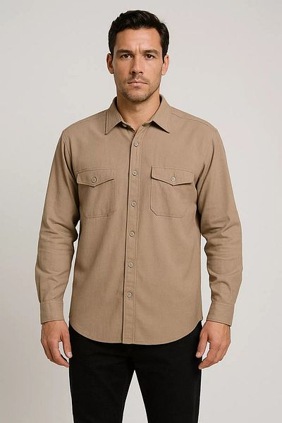 MİSHAR İTALİA Ανδρικό μακρυμάνικο πουκάμισο Light Mink Double Pocket