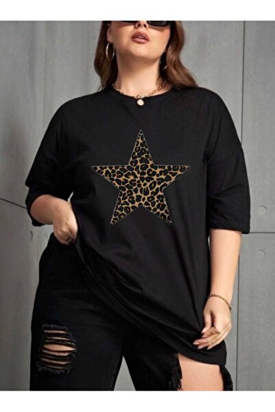 Framgan Trend Kadın Leopar Yıldız Baskılı Oversize T-shirt