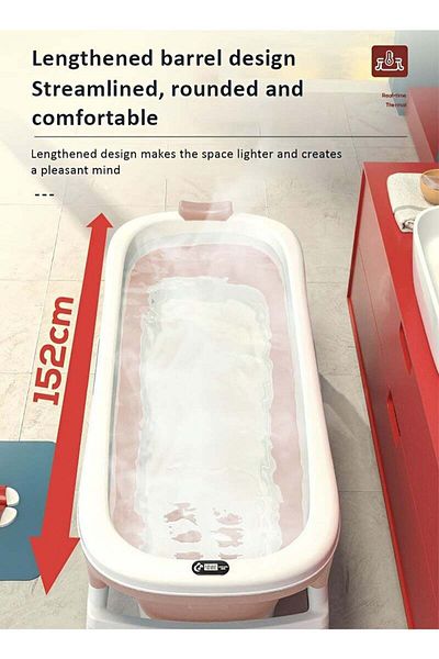 Taimi Foldable Adult Bathtub with Cover and Optional Thermometer Massage Wheel Pink 152X62X50cm