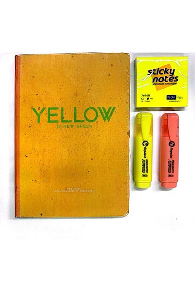 Gıpta New Notes Thread Stitched Hard Cover Yellow Notebook-Highlighter (2 Pcs. )-Adhesive Note Paper-Set 1