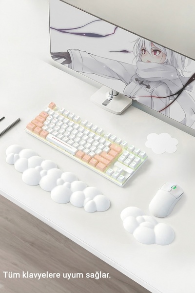 GoLite 3 Parça Bulut Şekilli Beyaz Klavye Ve Mouse Bilek Desteği Seti Ergonomik Memory Foam Kaymaz Taban