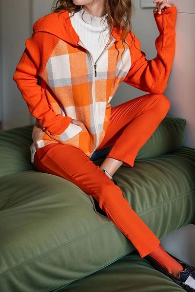 bacc Women's Orange Pocket Hooded Raglan Sleeve Plaid Jacket Cardigan Bcbsk-25700-3194