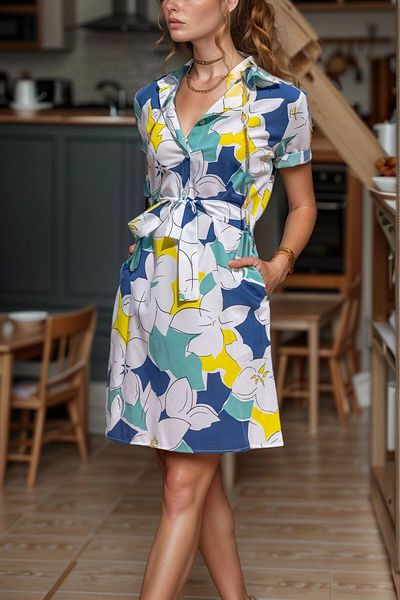 bacc Rochie din popelin cu model, galben bleumarin, cu jumătate de plăcuță, cu centură BCBSK-25700-3226