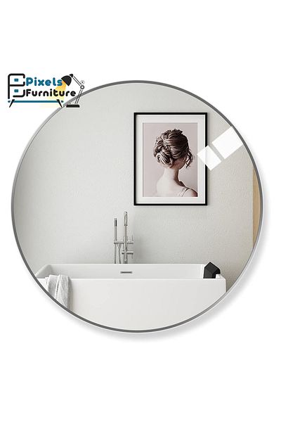 PixelsFurniture Pixel Furniture Round Wall Mirror with Aluminum Metal Frame for Living Room, Entryway, Dressing Room 60cm Silver