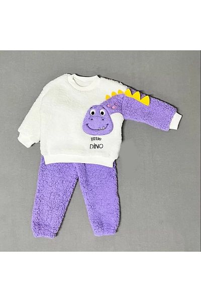 Skygo 1-2-3 Years Little Dino Sleeve Lamb Fabric Sweat Pants Long Sleeve Girls Boys 2 Piece Set Lilac