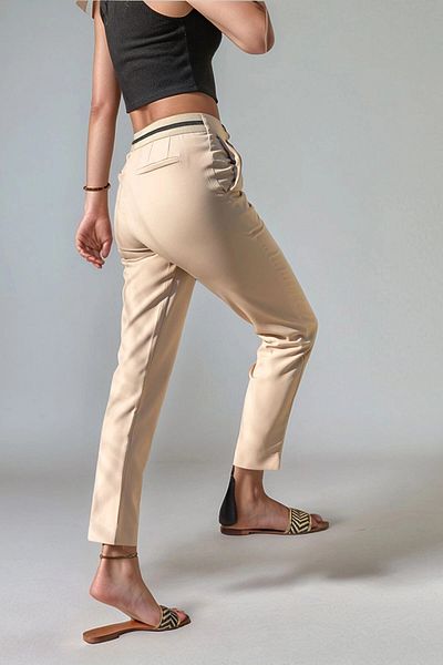 bacc Women's Beige High Waist Band Striped Pencil Pants Bcbsk-25700-3186