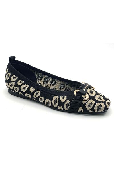 KCMN Feles Tricoturi Leopard Blunt Toe Pantofi de balet pentru femei NEGRI