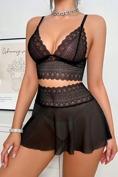 CGDI Kadın Siyah Dantel ve Tül Detaylı Etekli Şık Gecelik Takımı