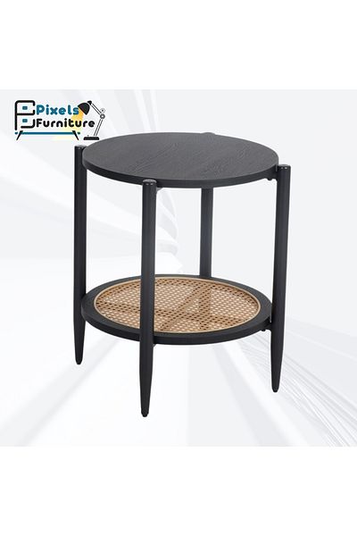 PixelsFurniture مجموعة2طاولة دائري جانبية طبقتين بكسل الأثاث للقهوة بسطح من الخشب وبرف سفلي الرتان وبأطراف من المعدن