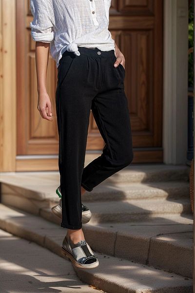 bacc Women's Black High Waist Pocket Pleated Double Leg Trousers Bcbsk-25700-3173