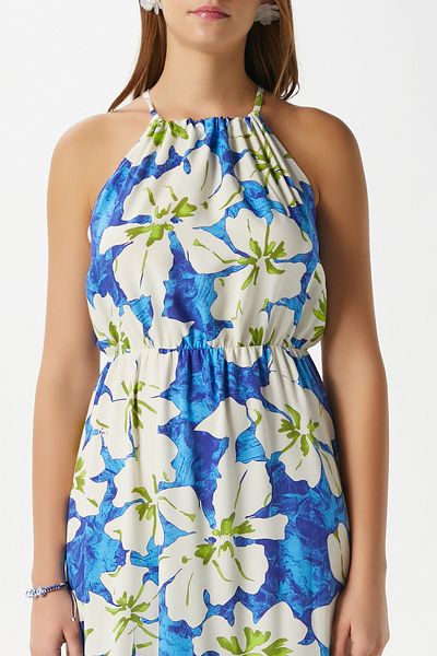 Ritnice Rochie de damă Maria albastră din viscoză cu talie florală elastică