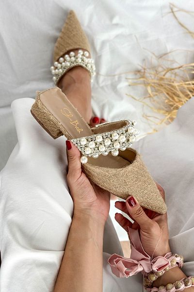 Shoebutik Papuci de damă Pearl Straw - Perle naturale Detaliate