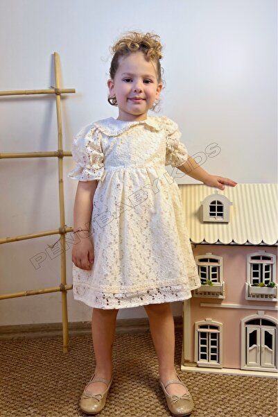 penu baby kids Ekru Çiçek Desenli Pamuklu Brode Kız Çocuk Elbise