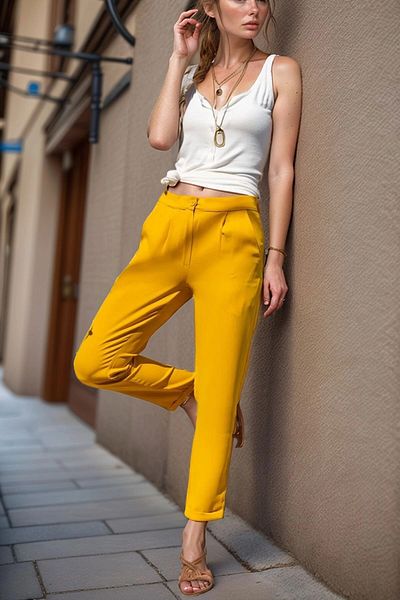 bacc Women's Mustard High Waist Pocket Pleated Double Leg Trousers Bcbsk-25700-3173