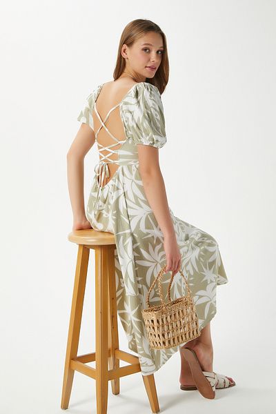 Ritnice Γυναικείο Lisa Green Cream Midi φόρεμα με λεπτομέρεια στην πλάτη