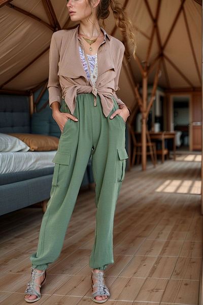 bacc Women's Khaki Linen Safari Trousers with Side Pockets and Elastic Legs Bcbsk-25700-3230