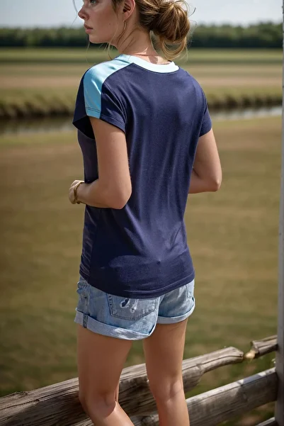 bacc Women's Navy Blue Color Block Shoulder Garnished Tshirt