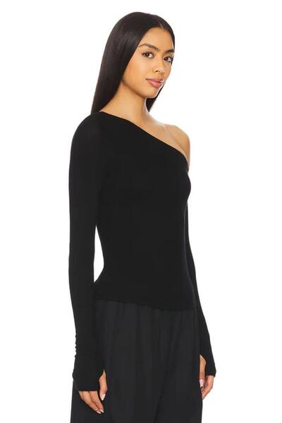 DİDVAKE Women's Black Finger Interlaced Asymmetric Collar Silk Jersey Blouse