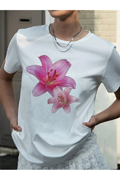 Framgan Kadın Yazlık Çiçek Baskılı Kısa Kollu Tişört