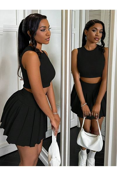 NewCabin Fusta mini scuba plisată cu talie înaltă Culoare roz-negru-alb Stil casual elegant