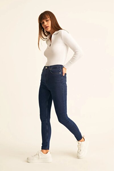 TugsatTasarTekstil Висока талія, темно-сині вузькі штани, супер-обтислі, жіночі, один розмір, візуально подовжують ноги