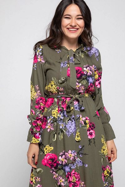 azra moda Collar Binding Large Flower Pattern Dress - Khaki