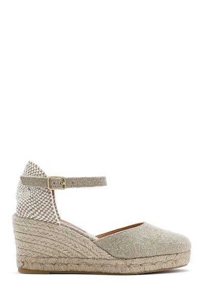 Derimod Women's Beige Ankle Buckle Wedge Heeled Fabric Espadrille Sandals