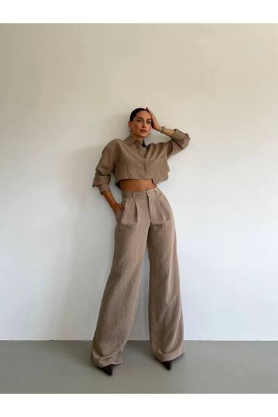 Generic Brand Striped Crop Shirt & Wide Leg Pants Set - Two Piece Set