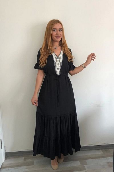 azra moda Rochie cu guler brodat cu margele -Negru