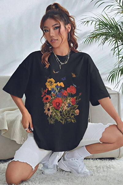 Trend Sizde Unisex Pamuklu Butterfly Flowers Ön Baskılı Tasarım Tshirt