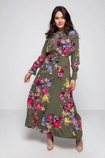 azra moda Collar Binding Large Flower Pattern Dress - Khaki