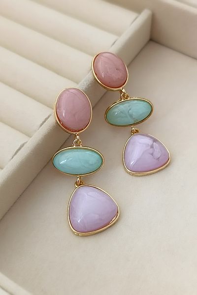 COSİTA Pink Green Lilac Colored Dangle Long Brand Model Gold Framed Stylish Evening Dress Earrings