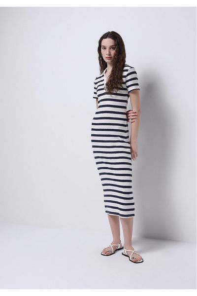 Colin's Slim Fit Striped Women's Navy Blue Short Sleeve Dress