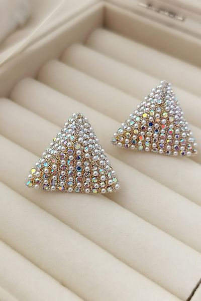 COSİTA Geometric Triangle Pearl Glitter Row Evening Dress Earrings
