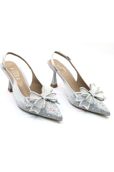 KOCAMANLAR Feles Satin Ribbon Stone Detailed Open Back Stiletto Women's Heeled Shoes Silver